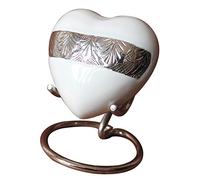 Urna de cremación de corazón pequeña para Cenizas con Tapa Mejorada, Mini urna Conmemorativa de corazón con Caja y Soporte (Blanco y Plateado)