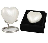 Urna de cremación pequeña de Aluminio con Forma de corazón para Cenizas con Nueva Tapa Mejorada, Mini urna Conmemorativa de corazón con Caja y Soporte (Aluminio Blanco Perla)