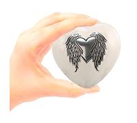 Urna de recuerdo de alas de ángel - Mini urna de cremación de corazón con soporte, funda de terciopelo y bolsa (blanco perla)