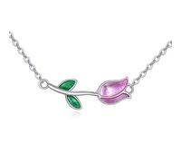 URONE Collar de tulipán para mujer, plata de ley 925 con colgante de flor de tulipán, joyería de tulipán rosa, regalos para mujer, Plata esterlina, No es una piedra preciosa
