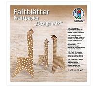 URSUS 38055599F - Papel de estraza (100 hojas en 10 diseños diferentes, aprox. 15 x 15 cm, 80 g/m², impresión por una cara, para doblar imágenes de ventanas, estrellas y figuras, color marrón y blanco