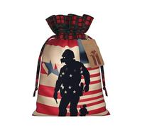US Military Soldiers Patriotic Memorial Day Print Color Matching Plaid Christmas Bag with Drawstring For Christmas Birthday Party 4.7x6.9 Inch