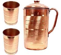 USA Deals 365 - Jarra de cobre puro Ayurveda tradicional con tapa a juego y 2 vasos a juego, jarra de cobre puro con 2 vasos de cobre para almacenar y beber agua (capacidad de 1 litro)