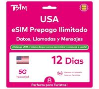 USA eSIM 12 Días. Red T-Mobile con Datos Ilimitados de Alta Velocidad, Llamadas Locales y Mensajes en USA (Hawái Incluido). Obtén eSIM Mismo Día por Correo Electrónico y Comienza a Usar Inmediatamente