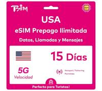 USA eSIM 15 Días. Red T-Mobile con Datos Ilimitados de Alta Velocidad, Llamadas Locales y Mensajes en USA (Hawái Incluido). Obtén eSIM Mismo Día por Correo Electrónico y Comienza a Usar Inmediatamente