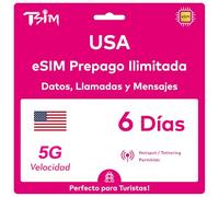 USA eSIM 6 Días. Red T-Mobile con Datos Ilimitados de Alta Velocidad, Llamadas Locales y Mensajes en USA (Hawái Incluido). Obtén eSIM Mismo Día por Correo Electrónico y Comienza a Usar Inmediatamente