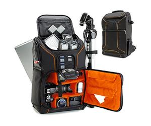 USA Gear Mochila Completa para Cámara DSLR, Funda Resistente al Agua Compartimento para Portátil y divisores para meter un Tripode, Objetivos, Compatible con Canon, Nikon, Sony y muchas más - Naranja