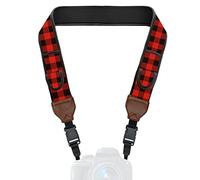 USA Gear TrueSHOT Correa Camara Reflex, Bolsillos para Accesorios y Hebillas de Liberación Rápida - Compatible con Canon, Nikon, Sony, Olympus, Pentax, Fujifilm y más - Diseño con Rojo Tartán