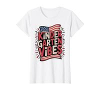 USA Kindergarten Escuela Vibes Primer Día América Profesor Camiseta gráfica económica, Mujer, Blanco, L