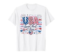 USA Land That I Love Patriotic Fireworks Bandera Americana Mujer Camiseta
