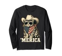 USA 'Merica Cat 4th of July Men Women Kids Funny Patriotic Manga Larga