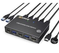 USB 3.0 Switch KVM HDMI 2 PC 1 Monitor, 4K@60Hz EDID Simulado, 2 Puertos Conmutadores KVM Compartir 4 USB 3.0 Dispositivos Inalámbricos Ratón Teclado Impresora Escáner, con 3 Cables y Wired Remote