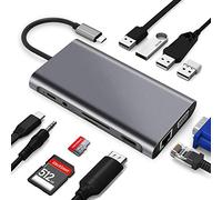 USB C HUB, Docking Station, 11-in-1 USB C Adapter mit 4K-HDMI, VGA, USB 3.0 Port, Type C PD, Ethernet RJ45 Port, SD/TF-Kartenles, 3.5mm AUX, Kompatibel für MacBook Pro/Air