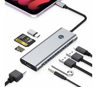 USB C HUB for iPad Pro Adapter 4K 60Hz HDMI, 100W PD, SD/TF Card Reader, 3 USB A Port, 3.5mm Audio Jack, 9 in 1 USB C Dock for iPad Air/Galaxy Dex/Tablet/MacBook/iMac/iPhone 17/Steam Deck/HP/DELL