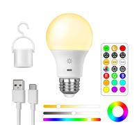 USB C Recargable Bombilla Batería con Control Remoto, 8W Inteligente Bombillas RGB Cambio de Color, 9+3 Temperatura De Color, E27 LED Regulable Lampara Control Táctil Con Temporizador, 2600mAh,1 pack