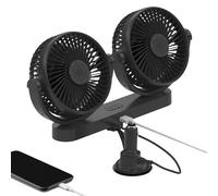 USB Car Fan, Electric Double Head Vehicle Cooling Fan with 360 Degree Rotatable Airflow & 3 Speed Adjustable Wind, Suction Cup Mount, 12V 24V Portable Cooler for RV Sedan Truck Van