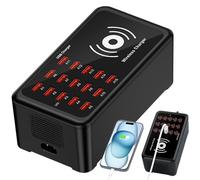 USB Charging Station, Multiport Hub, Wireless Charger, Black, 100 W Dock, 5,83 x 3,07 x 2,28 pulgadas, 15 puertos Portable Design for Laptop Phone Tablet Watch or Home Device