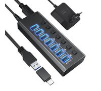 USB Hub Active 3.0, distribuidor USB de 7 puertos - y 1 carga inteligente con 5 V/3 A, divisor con interruptor individual y cable de 1,2 m para PC/ordenador portátil