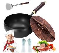 Usceshonn Iron Pot, 9.45 inch Uncoated Iron Pot with Wooden/Glass Lid, Handmade Hammered Multi-Functional Large Belly, Triple Stainless Steel, Non-Stick (#1,Wood Lid)