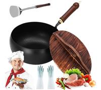 Usceshonn Iron Pot, 9.45 inch Uncoated Iron Pot with Wooden/Glass Lid, Handmade Hammered Multi-Functional Large Belly, Triple Stainless Steel, Non-Stick (#2,Wood Lid)