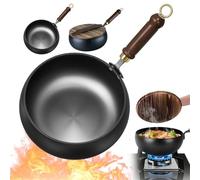 Usceshonn Iron Pot, Hand-Forged Uncoated Thick Iron Pan, Non-Stick Cookware with Wooden Lid, Deep Belly Stir Fry Wok for Gas, Induction, Electric & Ceramic Stovetops (9.45 inch)