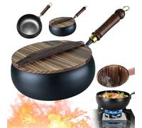 Usceshonn Iron Pot, Hand-Forged Uncoated Thick Iron Pan, Non-Stick Cookware with Wooden Lid, Deep Belly Stir Fry Wok for Gas, Induction, Electric & Ceramic Stovetops (9.45 inch)