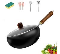 Usceshonn Iron Pot, Handmade Hammered Large Belly Pot, 20/24/26/28/30 cm Frying Pan Made of High Purity Iron, Pans Forged Handforged Pans, Uncoated Pan for Cooking, Frying (Tapa de cristal, 30 cm)