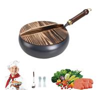 Usceshonn Iron Pot, Handmade Hammered Large Belly Pot, Uncoated Non-Stick Cast Iron with Cover, for Cooking, Stewing, and Baking, Compatible with Gas & Induction Stoves (Smooth-Wood lid,9.45in)
