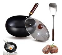 Usceshonn Iron Pot, Handmade Hammered Large Belly Pot, with Wooden Lid/Glass Cover, Triple Stainless Steel Non-Stick Pans, Large Capacity, for Stewing, Cooking (Glass,24cm with shovel)
