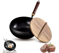 Usceshonn Iron Pot, Handmade Hammered Large Belly Pot, with Wooden Lid/Glass Cover, Triple Stainless Steel Non-Stick Pans, Large Capacity, for Stewing, Cooking (Wooden,28cm without shovel)
