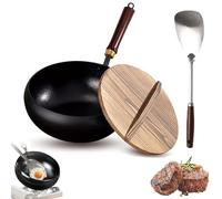 Usceshonn Iron Pot, Handmade Hammered Large Belly Pot, with Wooden Lid/Glass Cover, Triple Stainless Steel Non-Stick Pans, Large Capacity, for Stewing, Cooking (Wooden,24cm with shovel)