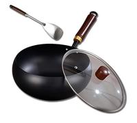 Usceshonn Iron Pot,Uncoated Thick Iron Pot,24/26/28cm Handmade Hammered Large Belly Pot with Wooden Lid/Glass Cover,Triple Stainless Steel Non-Stick Pans without Coating (B,26CM)