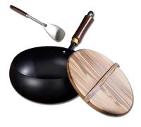 Usceshonn Iron Pot,Uncoated Thick Iron Pot,24/26/28cm Handmade Hammered Large Belly Pot with Wooden Lid/Glass Cover,Triple Stainless Steel Non-Stick Pans without Coating (A,28CM)