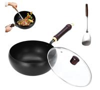 Usceshonn Iron Pot, Uncoated Thick Iron Pot, 7.87-11.81 inch Uncoated Iron Pan, Hand-Forged Non-Stick Pan with Wooden Lid/Glass Cover, Stir-Fry Pans Set, for Baking, Cooking, Stewing (Glass,10.23in)