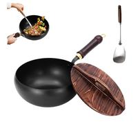 Usceshonn Iron Pot, Uncoated Thick Iron Pot, 7.87-11.81 inch Uncoated Iron Pan, Hand-Forged Non-Stick Pan with Wooden Lid/Glass Cover, Stir-Fry Pans Set, for Baking, Cooking, Stewing (Wood,11.02in)