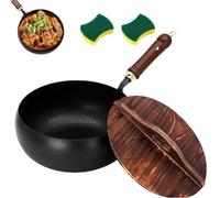 Usceshonn Iron Pot, Uncoated Thick Iron Pot with Lid, Triple Stainless Steel, Large Capacity & Deep, Multi - Purpose for Baking, Cooking, Stewing (11.02inch,Wooden lid)