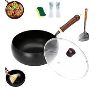 Usceshonn Iron Pot, Uncoated Thick Iron Pot with Wooden Lid/Glass Cover, Hand-Forged Non-Stick Pan, Triple Stainless Steel, Large Capacity & Deep, for Baking, Cooking, Stewing (Glass Lid,26cm)