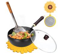 Usceshonn Olla de hierro, olla grande martillada hecha a mano, olla de hierro grueso sin revestimiento con tapa de madera/cubierta de vidrio, sartén antiadherente forjada a mano para estufas de gas e