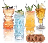 USEEKRIL Juego de 4 vasos transparentes Tiki - Vasos de cóctel tropicales exóticos con pajitas y posavasos, vasos de estilo hawaiano para cócteles, mai tai, zombi y pia colada
