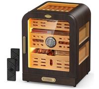 USEWIRE Humidificador de puros, 3 ventanas laterales, cajón de madera de cedro, con sistema de iluminación LED, termómetro digital y 2 humidificadores de puros, caja de cigarros con tapa de cristal
