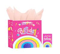 Usmilegift Bolsa de regalo para bebé niña, arcoíris rosa con papel de seda y tarjeta de felicitación, bolsa de regalo de feliz cumpleaños, bebé nuevo, 13 x 10.2 x 4.7 pulgadas, 1 unidad