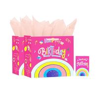Usmilegift Bolsa de regalo para bebé niña, arcoíris rosa con papel de seda y tarjeta de felicitación, bolsa de regalo de feliz cumpleaños, bebé nuevo, 13 x 10.2 x 4.7 pulgadas, 2 piezas