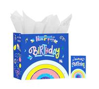 Usmilegift Bolsa de regalo para bebé niño, arcoíris azul con papel de seda y tarjeta de felicitación, bolsa de regalo de feliz cumpleaños, 13 x 10.2 x 4.7 pulgadas, 1 unidad