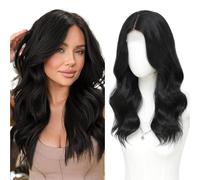 Uso diario en fiestas Peluca de alta temperatura for mujer, frente, encaje pequeño, cubierta pelo rollo medio(Negro)