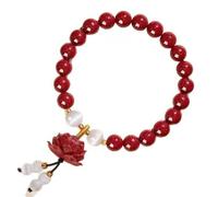 Uso diario Pulsera de cuentas rojas con colgante de flores, cuentas decorativas blancas, brazalete sin cordones y detalle de borla Pulsera con dijes de flores Joyería de muñeca con cuentas Brazalete