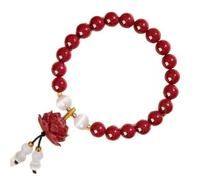 Uso diario Pulsera de cuentas rojas con colgante de flores, cuentas decorativas blancas, brazalete sin cordones y detalle de borla Pulsera con dijes de flores Joyería de muñeca con cuentas Brazalete