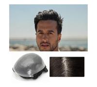 Uso Masculino Peluquín de Piel Fina 0,06 a ,08 mm for Hombres, Unidades Cabello Humano Remy con Bucle en V for , Sistema reemplazo Europeo Base PU Completa Cabeza de Peluca(Off Black,7x9)
