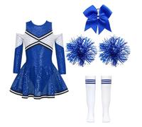 USOHJZ Conjunto De Baile For Niñas Con Lentejuelas Brillantes, Manga Larga, Hombros Descubiertos, Color Contrastante, Tocado, Flores En Las Manos Y Calcetines A Rayas Para Actuaciones(B Blue,14)