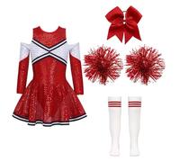 USOHJZ Conjunto De Baile For Niñas Con Lentejuelas Brillantes, Manga Larga, Hombros Descubiertos, Color Contrastante, Tocado, Flores En Las Manos Y Calcetines A Rayas Para Actuaciones(B Red,8)