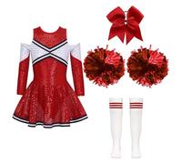 USOHJZ Conjunto De Baile For Niñas Con Lentejuelas Brillantes, Manga Larga, Hombros Descubiertos, Color Contrastante, Tocado, Flores En Las Manos Y Calcetines A Rayas Para Actuaciones(A Red,14)